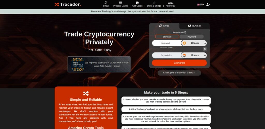 Trocador homepage with instant non-KYC crypto swap interface and privacy tools