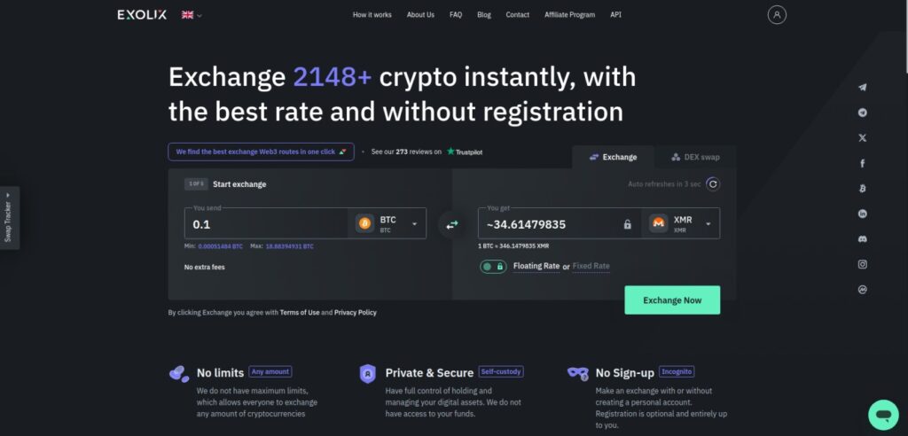 Exolix crypto swap interface with real-time exchange rate and no-sign-up message