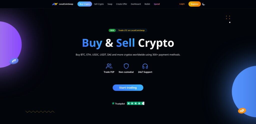 LocalCoinSwap homepage emphasizing P2P non-custodial crypto trading with global access