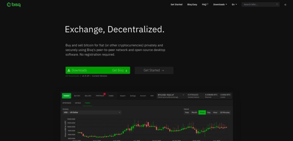 Bisq decentralized exchange homepage featuring peer-to-peer Bitcoin trading and open-source software