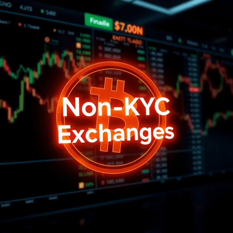 Non-KYC crypto exchanges graphic with Bitcoin logo and trading chart background
